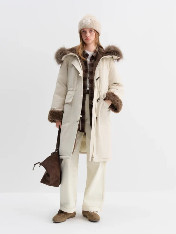 Women's Fur-Lined Down Parka with Wool Blend Mid-Length Jacket