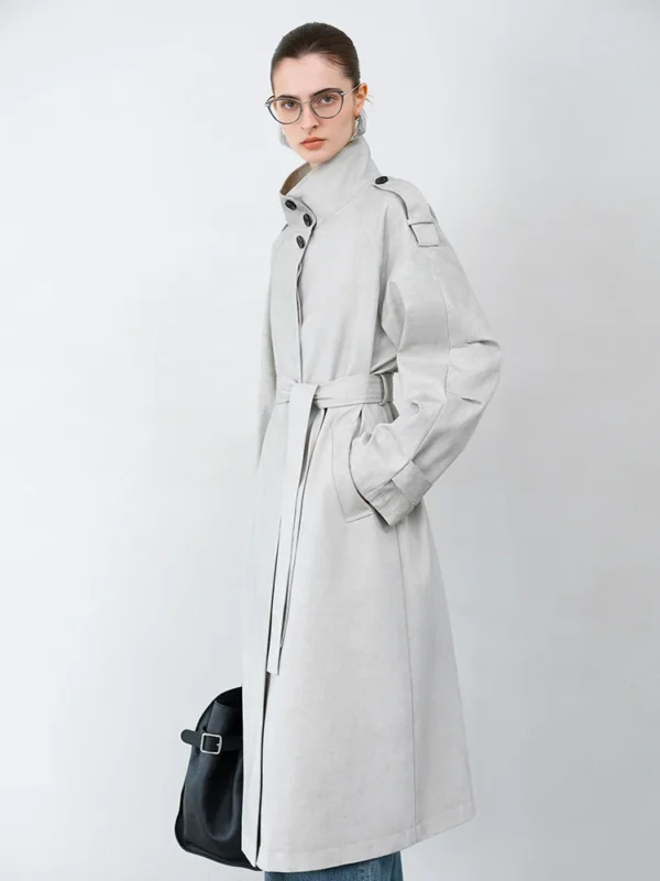 Retro Stir Stand Collar Trench Coat for Women in Gray