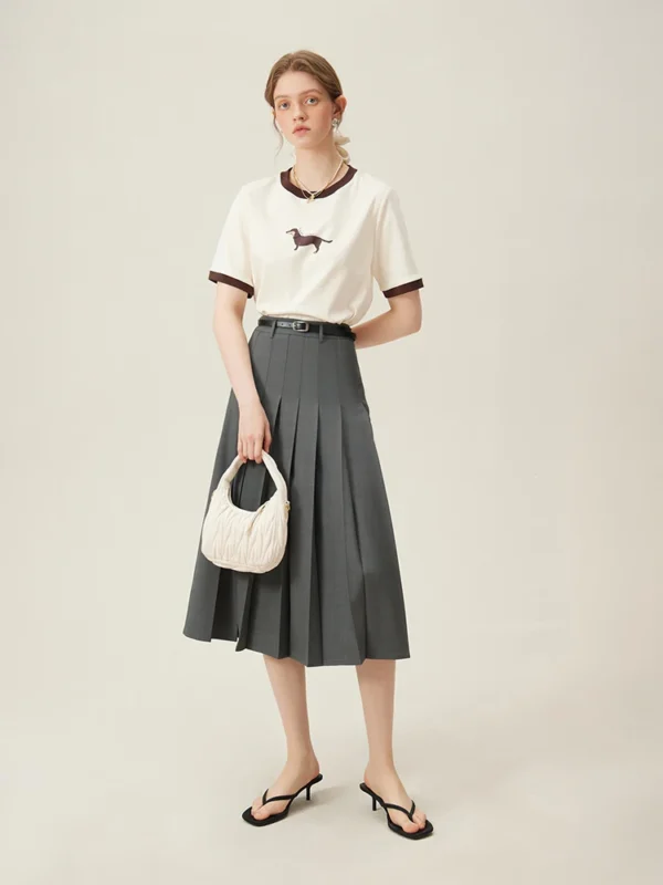 Pleated Mid-Calf Skirt with Zipper Waist in Navy Blue