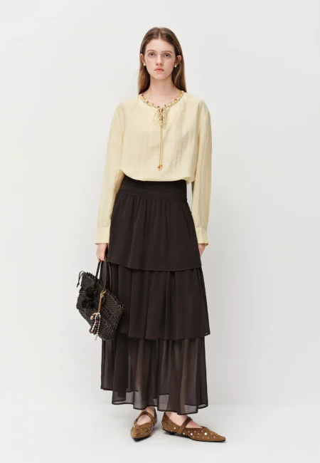 FSLE Retro Fairy Style Pleated A line Skirt for Women New Spring 2026 Style Loose Fit Ankle length Commuting High Waist
