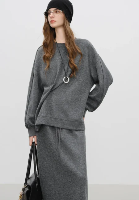 FSLE【Premium Series】Round Neck Twisted Sweatshirt Suit Women's Winter New Style Simple Long Skirts Sets Ins Casual