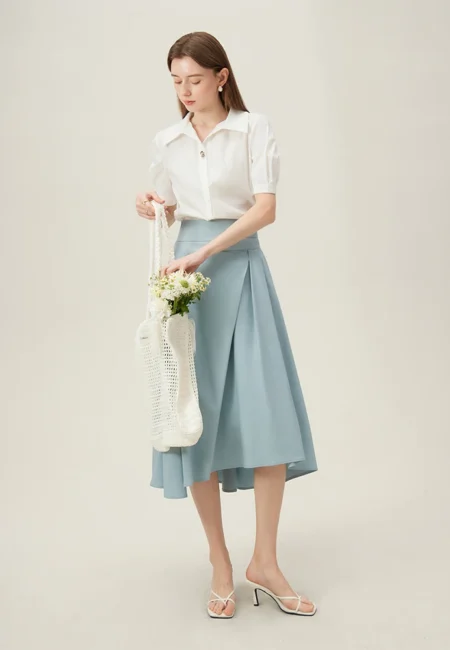 FSLE French Irregular A line Skirt For Women's Mid Length Design Temperament Pleated Skirt Blue Black Women Skirts 24FS12104