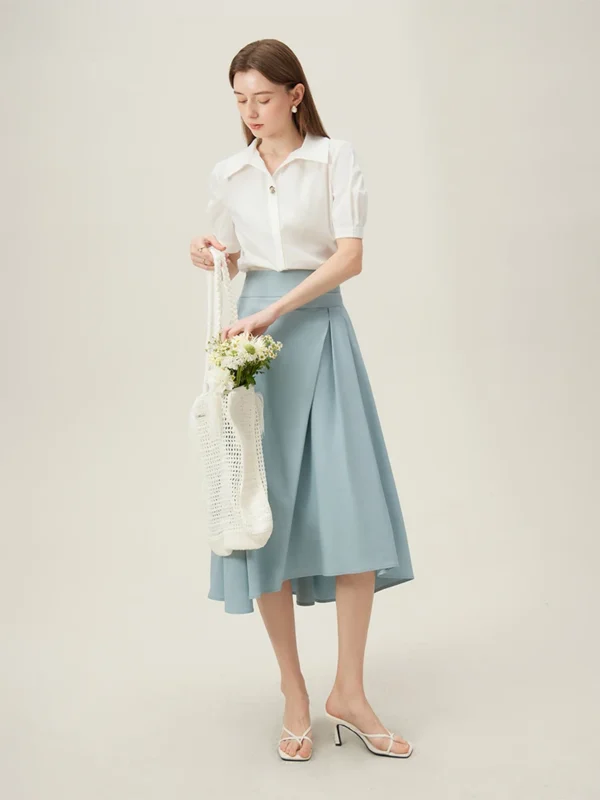 FSLE French Irregular A line Skirt For Women's Mid Length Design Temperament Pleated Skirt Blue Black Women Skirts 24FS12104