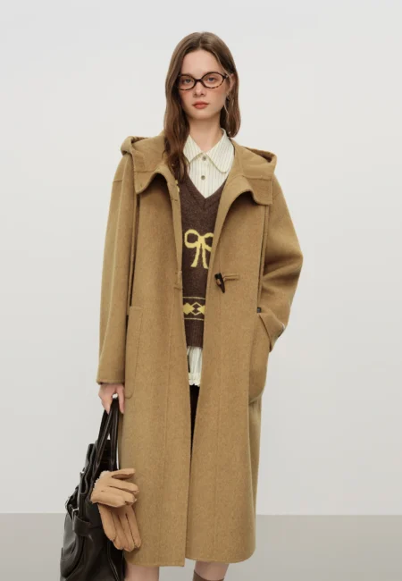 FSLE Winter Women's Academic Hooded Wool Blend Coat Double Faced Relaxed Fit Toggle Button Long Coat for Casual Elegance