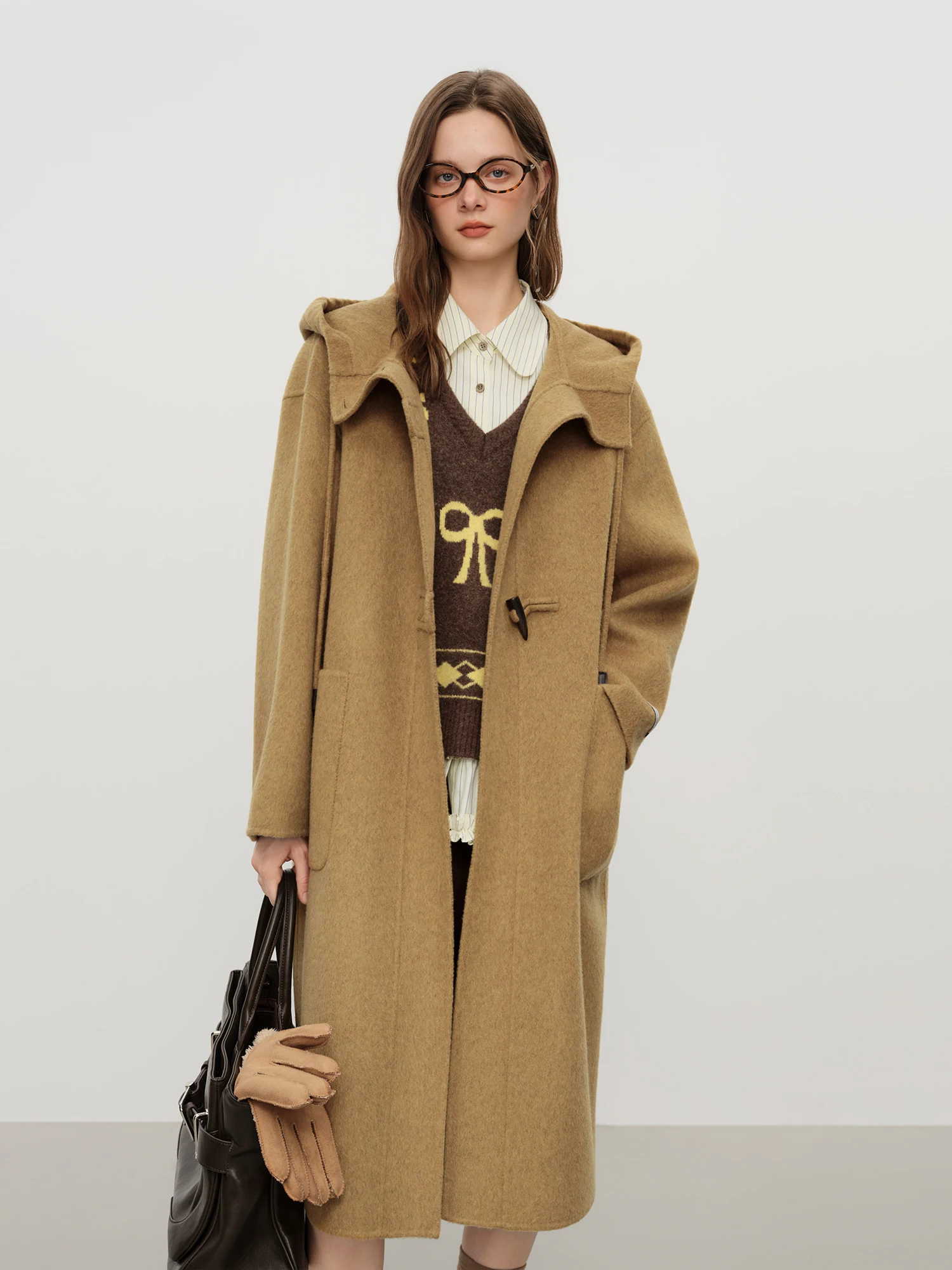 Kf-S53E641A649E54Feeafaa440Cc0Fbe66B8 Fsle Winter Women'S Academic Hooded Wool Blend Coat Double Faced Relaxed Fit Toggle Button Long Coat For Casual Elegance