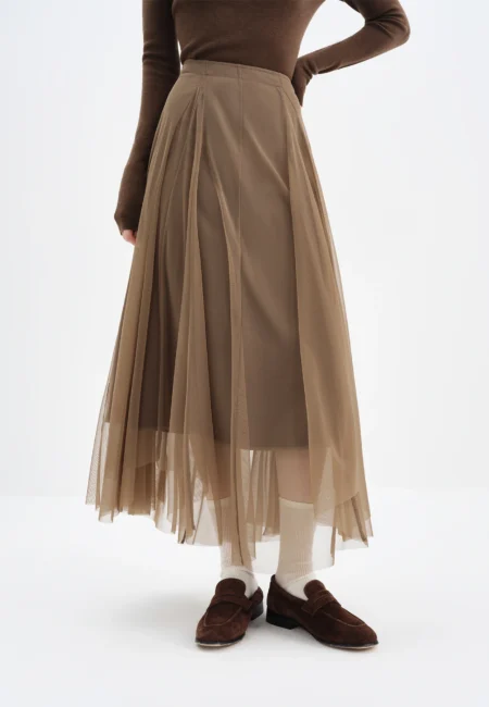 ​FSLE Winter Women's Asymmetrical Hem A Line Chiffon Skirt in Brown Flowy Long Maxi Skirt with Draped Design for Casual