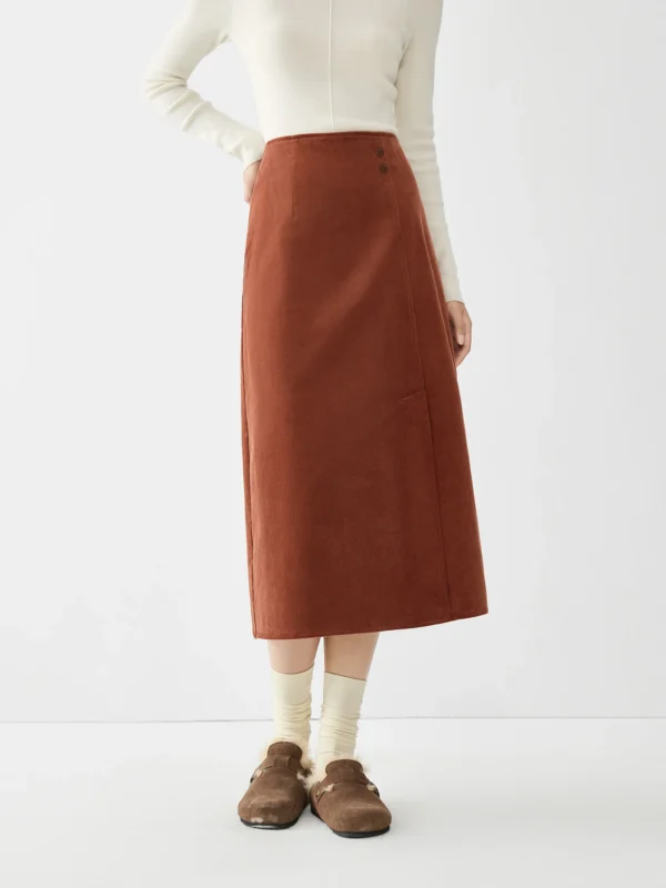 FSLE Women Corduroy Long Skirts Zipper Waist Asymmetric Design Winter Beige Female A LINE Skirt With Lining 24FS14672