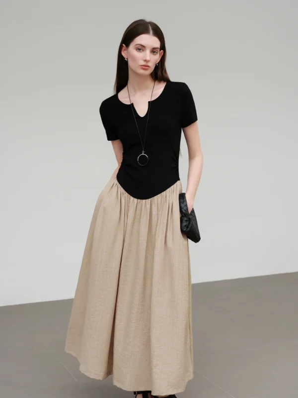 Summer Wool Blend Midi Dress with Contoured Waist