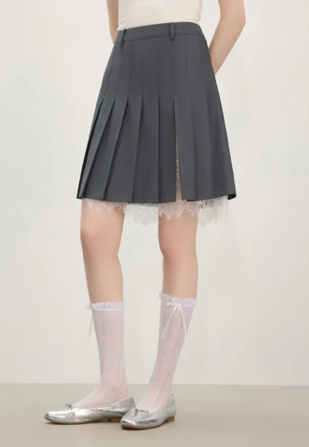 FSLE Genius Teen Girls Lace High Waisted Pleated Skirt for Women Summer New Sweet & Spicy A Line Mini Skirt 25FS12632