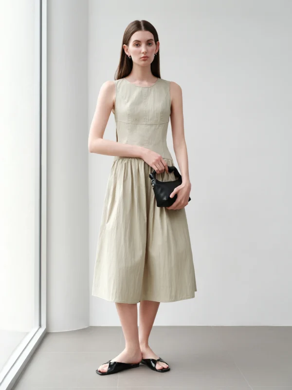 FSLE【Premium Series】Minimalist Old Money Style Elegant Round Neck Sleeveless Commuter Dress Women Patchwork High Waist Dress