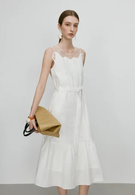 FSLE【Premium Series】100% Linen Holiday Style Sleeveless White Long Dress Women Summer A LINE Dress With Sashes 25FE12046