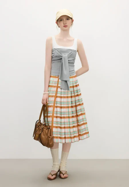 ​FSLE Summer Textured A Line Skirt Fluid Pleats Low Waist Midi Length Resort to Office​