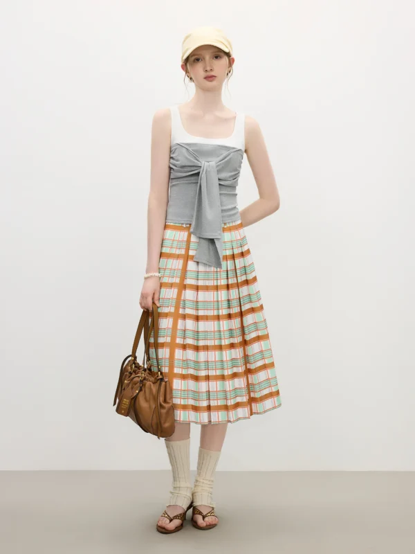 Textured Orange A-Line Midi Skirt with Fluid Pleats