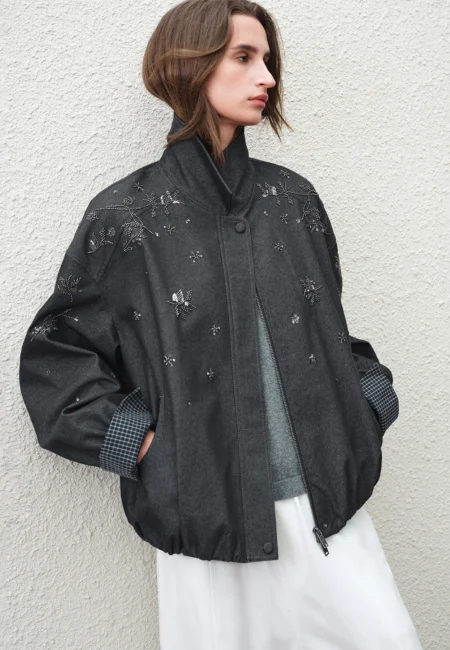 FSLE 【Premium Series】 2026 Women's Beaded Jacket with Leather Collar Spring Long sleeved Loose Personality Design Coats