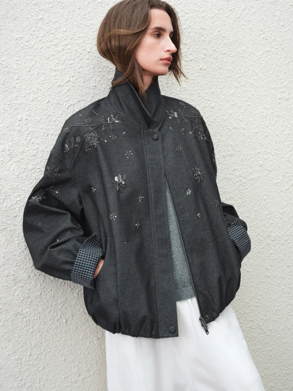 FSLE 【Premium Series】 2026 Women's Beaded Jacket with Leather Collar Spring Long sleeved Loose Personality Design Coats