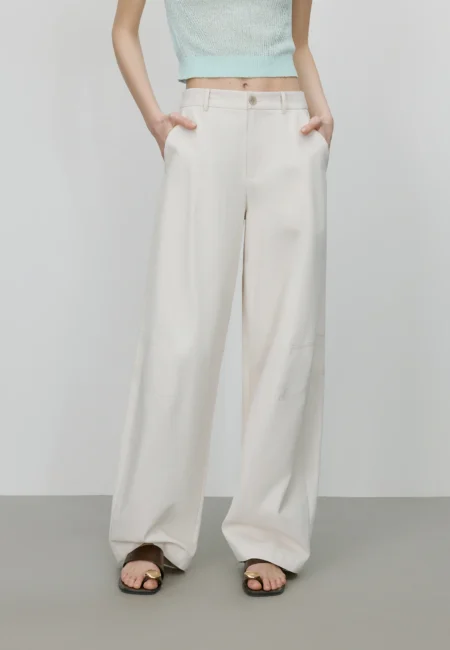 FSLE【Premium Series】 New Arrival Women Beige Scimitar Long Pants High Waist Twill Casual Loose Solid Trousers Officelady