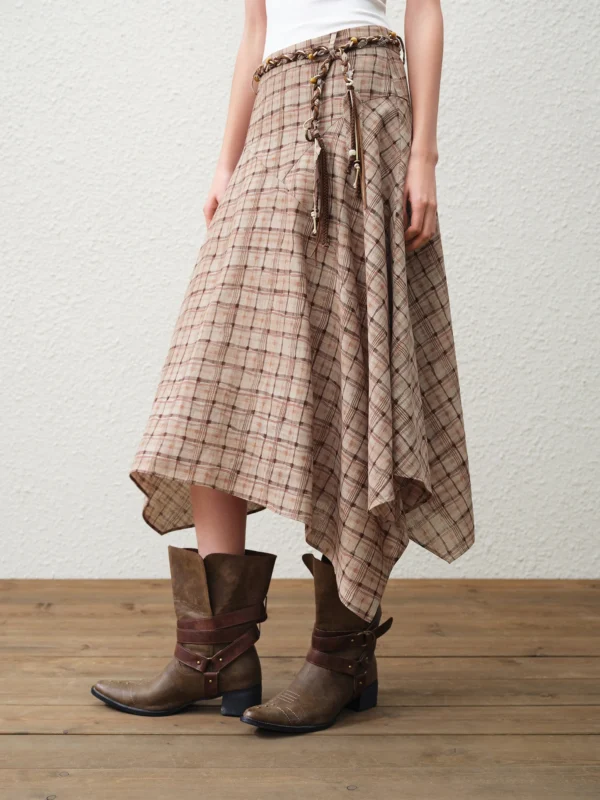 FSLE 【Premium Series】Retro Style Plaid A line Skirt with Irregular Hem New Spring Style for Women 2026 Trendy