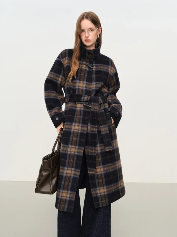 FSLE Preppy Style Plaid Double Faced Overcoat Women Alpaca Wool Silk Blend Long Coat Winter Classic Chic Coat Outerwear