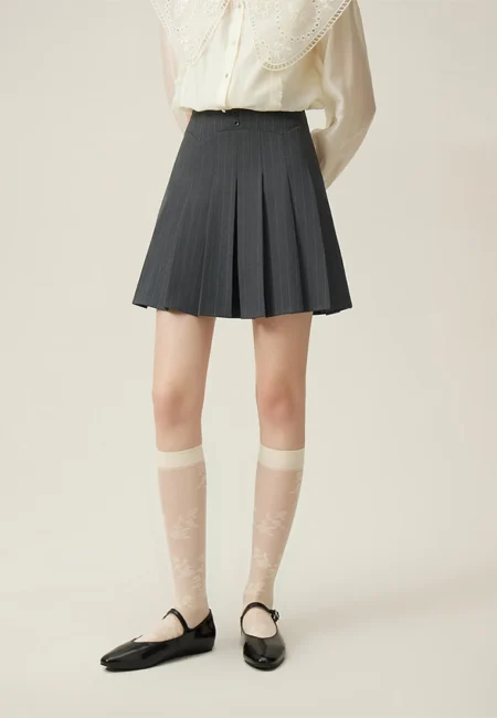 FSLE Age reducing College Style Grey Pleated Skirt for Women Summer High waist Design Striped A line Skirt Female 24FS12081