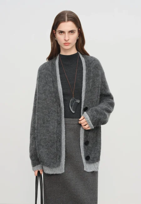 FSLE【Premium Series】Autumn Winter Women Mohair Wool Blend Knit Cardigan Color Block V Neck Chic Open Front Sweater Coat Casual