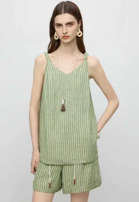 FSLE【Premium Series】Linen Striped Top Shorts Suit Women Summer New 25FE12070+25FE12071