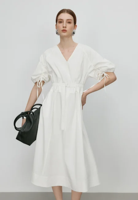 FSLE【Premium Series】 French V Neck Tiered Dress SS25 Women Bubble Sleeve Maxi Summer Dress Y2K Revival Breathable Linen Dress