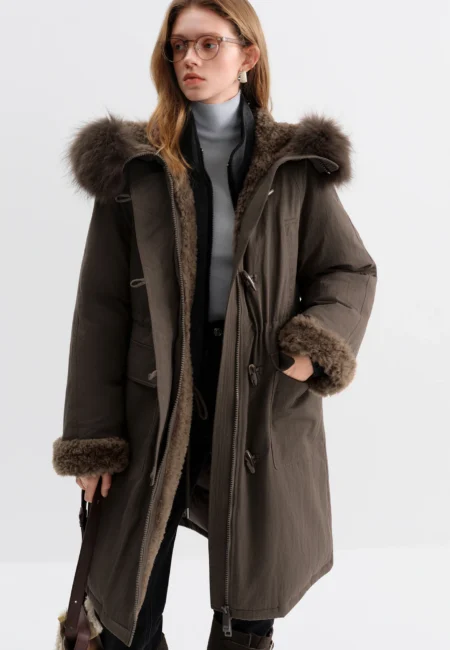 FSLE Women's Fur Lined Down Parka with Wool Blending Mid Length Winter Jacket for Winter New Arrival Long Hooded Jacket