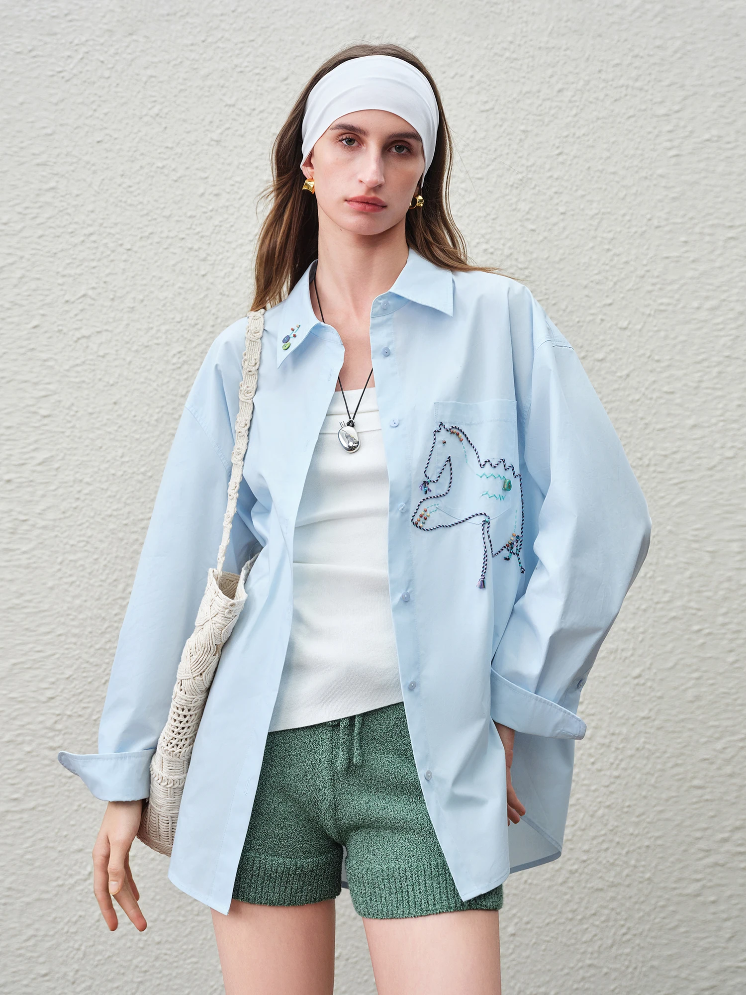 kf-S87207638b98146508534de05e58b6302G FSLE 【Premium Series】Women's 100% Cotton Horse Embroidery Oversized Long Sleeve Polo Neck Shirt 2026 Spring New Arrival Blouses