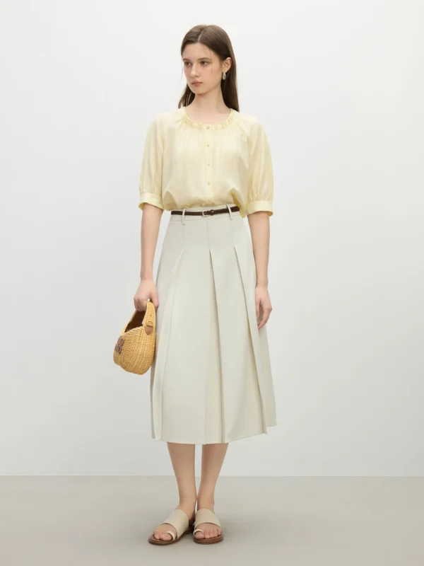 Beige Pleated A-Line Midi Skirt with Natural Waist