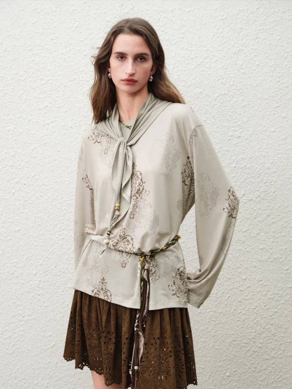 FSLE 【Premium Series】Women's Stylish Chinese Inspired Oversized Long Sleeve T Shirt 2026 Spring New Arrival Crew Neck Pullover