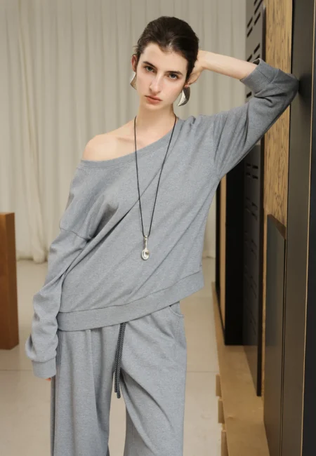 FSLE【Premium Series】 New Women Grey Off Shoulder Top Pants Set Casual Loose Fit Autumn Trendy Lounge Wear Chic Streetwear