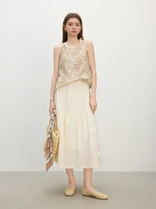 FSLE Summer 3D Floral Beaded Midi Skirt Tapered A Line Silhouette & Artisanal Lace Trim for Elegant Occasions