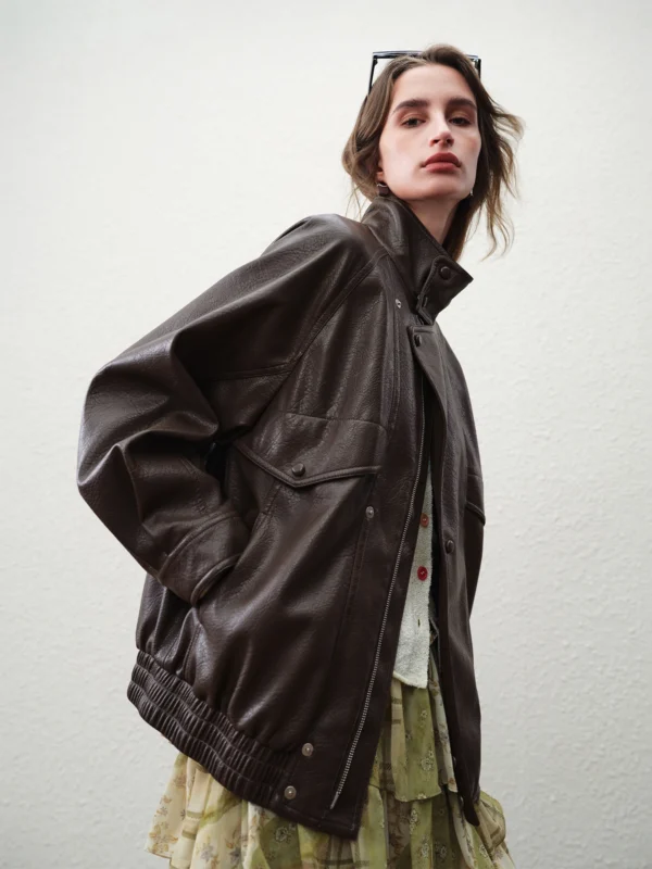 FSLE 【Premium Series】Solid Color Leather Jackets Women Brown Coat 2026 Spring New Arrival Trendy Streetwear Commuting