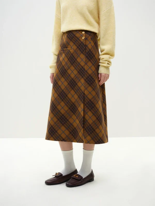 FSLE England Style Vintage Plaid Woolen Skirt for Women Autumn and Winter New 30% Wool High Waist A Line Skirt Female