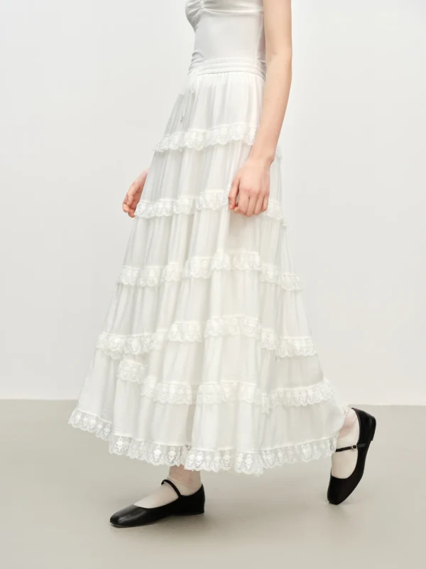 Embroidered Lace A-Line Tiered Midi Skirt in Beige