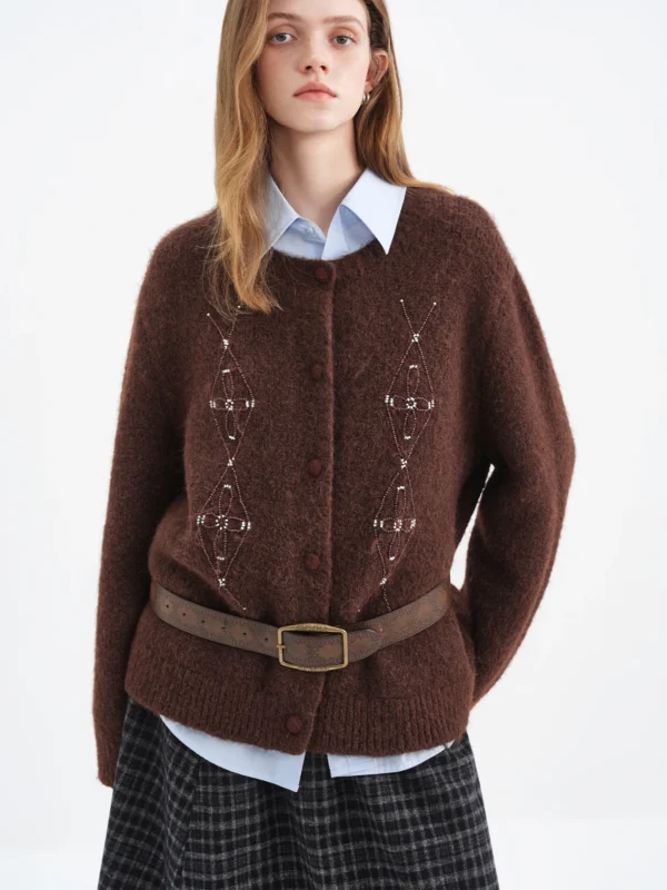 FSLE【Premium Series】 Winter Women Vintage Beaded Round Neck Knit Cardigan Retro Rhinestone Sweater Elegant Pearl Blouse