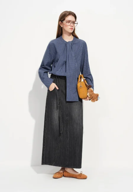 FSLE Jeans Straight Cut Ankle Length Skirt for Women 2026 Spring New Arrival Collection High Waisted Long Lenghth Grey Skirts