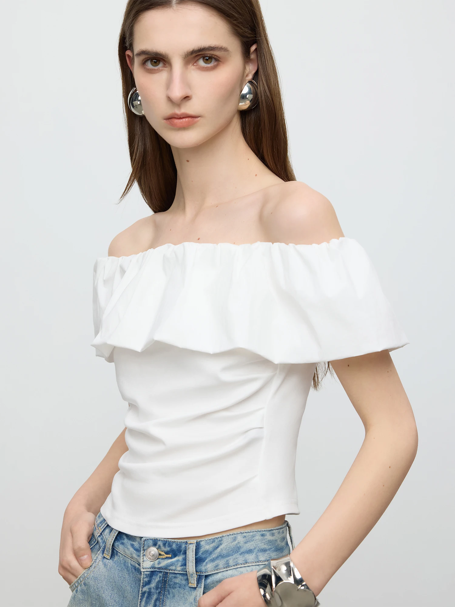 kf-Sa5e8fd0a31a44fb28f87d442bc00c409P FSLE【Premium Series】 One shoulder Pleated Patchwork T shirt Exquisite Temperament Top 25FE12072