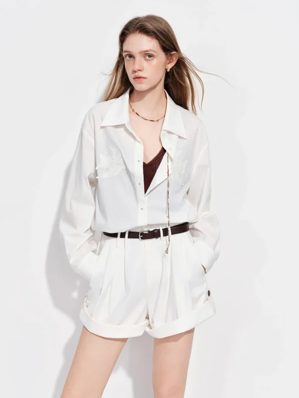 Women's Color Block Patchwork Embroidered Shirt with Long Sleeves