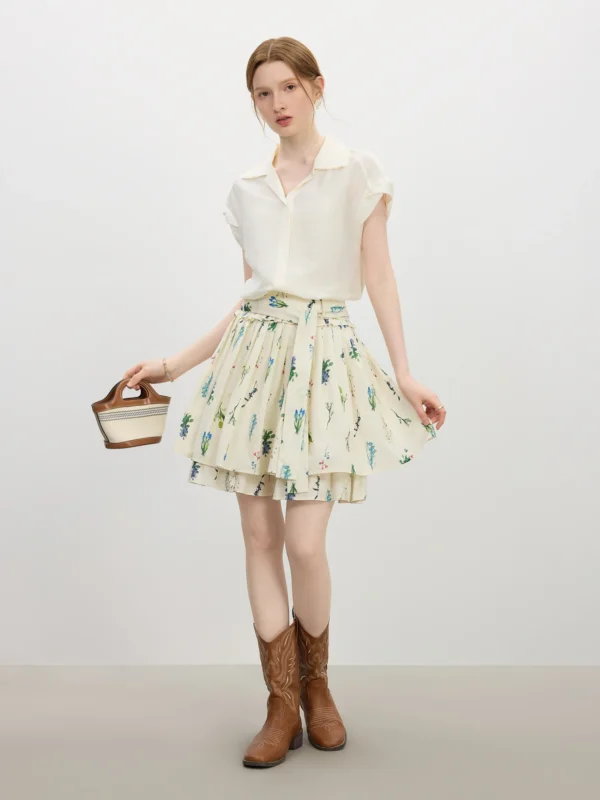 Summer Pleated Floral Midi Skirt in Cotton Knit