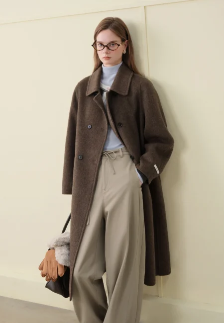 FSLE Women's Yak Wool Blend Coat Peter Pan Collar Double Breasted Winter Trench with Flattering Silhouette Office Elegant