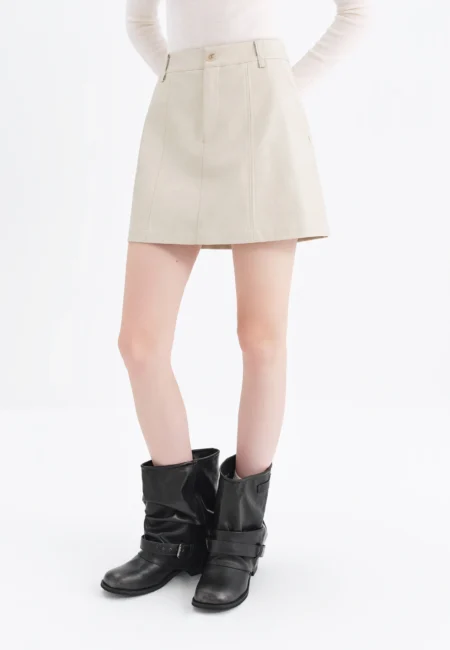 FSLE Winter Women High Waist A Line Short Skirt in Faux Leather Versatile Flattering Stretch Mini Skirt for Daily Casual