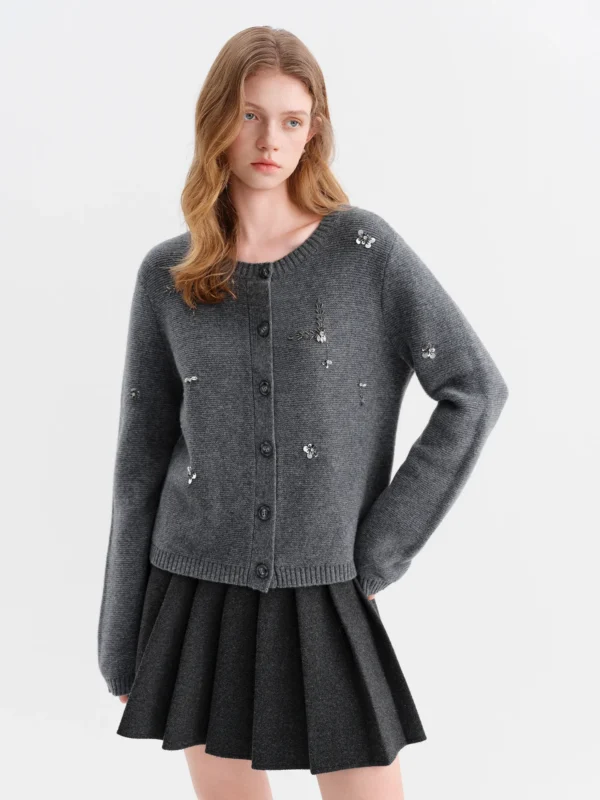 Vintage Delicate Beaded Embellishments Pure Wool Knit Women Sweater Winter New Arrival Simple Round neckline Cardigan