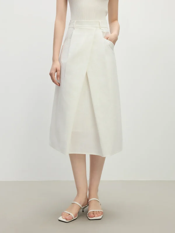 Beige A-Line Cotton Blend Midi Skirt with Asymmetric Detail