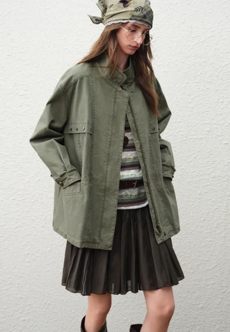 FSLE【Premium Series】2026 Spring Women Vintage Utility Stand Collar Jacket Retro Cargo Short Coat for Urban Street Oversize Style