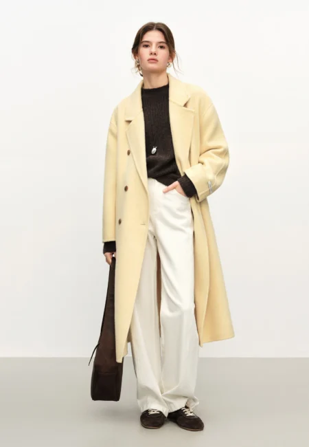 FSLE Diamond Tailored Alpaca Camel Wool Blend Double Faced Tweed Coat for Women Winter Outerwear Blends