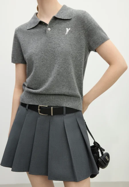 FSLE【2 Version】Women Polo Knitted Sweater 47 9% Wool Office Lady Grey Long Sleeve Spring Cardigan 25FS11208+25FS11363