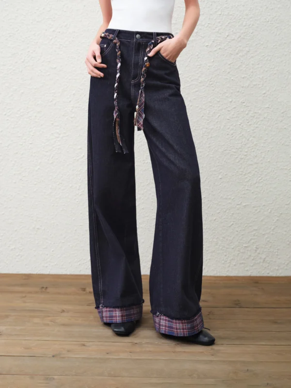 FSLE 【Premium Series】 Women's Stylish Vintage Checkered Flared Jeans with Rolled Up Cuffs Spring 2026 New Arrival Cotton Pants
