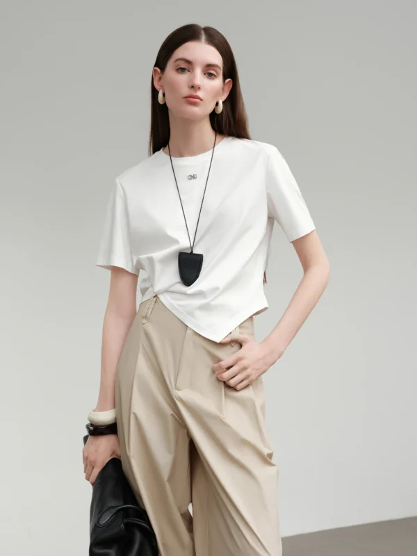 Asymmetric Twisted Pleated Cotton Blend Short Sleeve Top