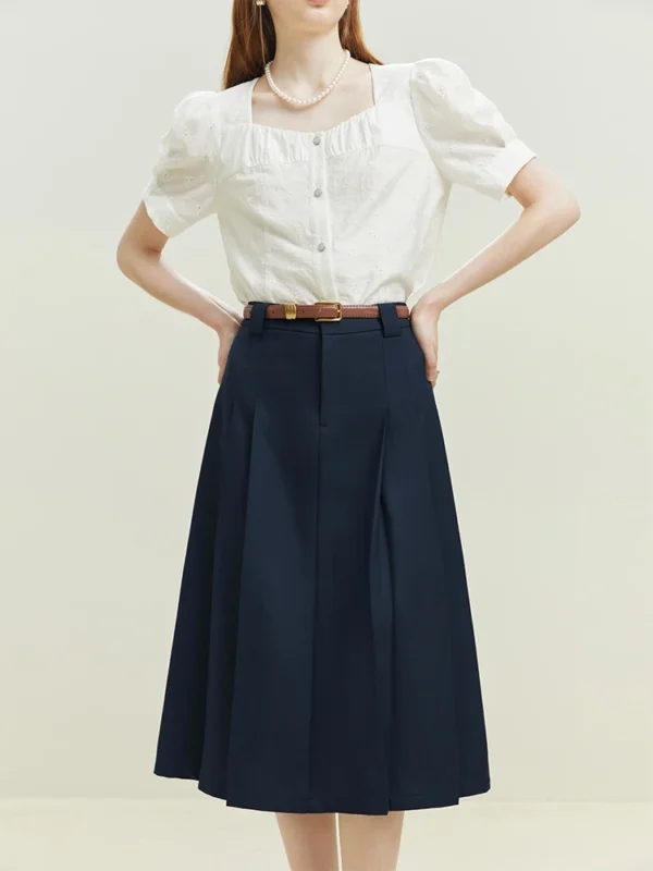 FSLE Retro Commuter High Waist Mid length Pleated Skirt for Women Navy Blue Office Lady A line Skirt with Belt Female Summer New
